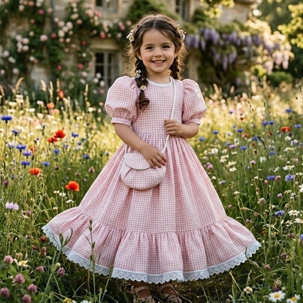 Gingham Puff Sleeve Dress Girls 3T 4T Pink Lace Trim Cottage Farmhouse + Purse